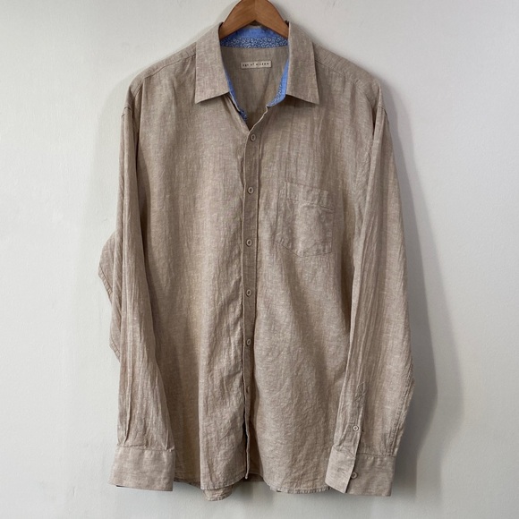 Men's Linen Blend Khaki Casual Button Down Shirt XL - Picture 1 of 9